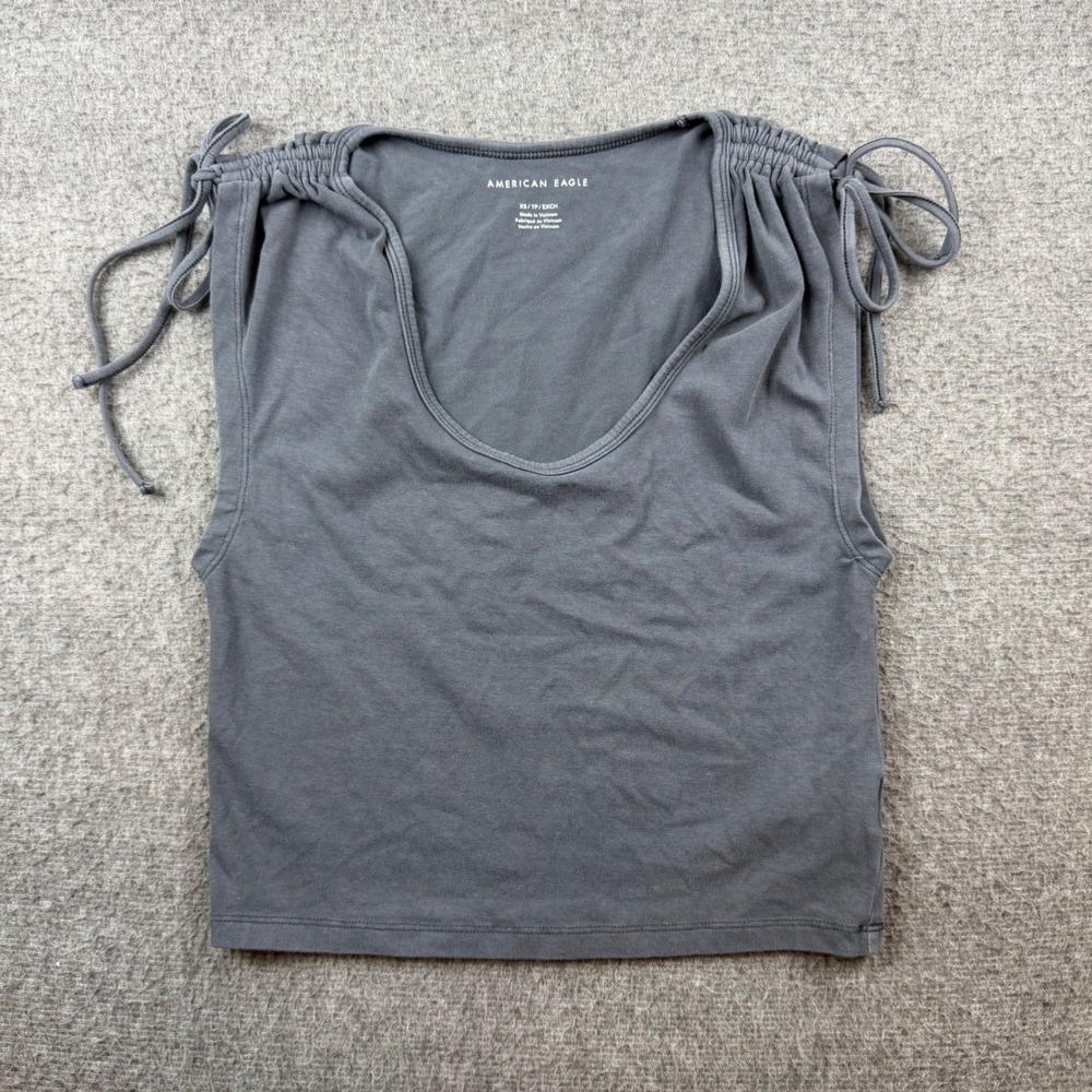 American Eagle Tank Top Women's XS‎ Gray Cinched Tie Shoulder Scoop Neck Crop